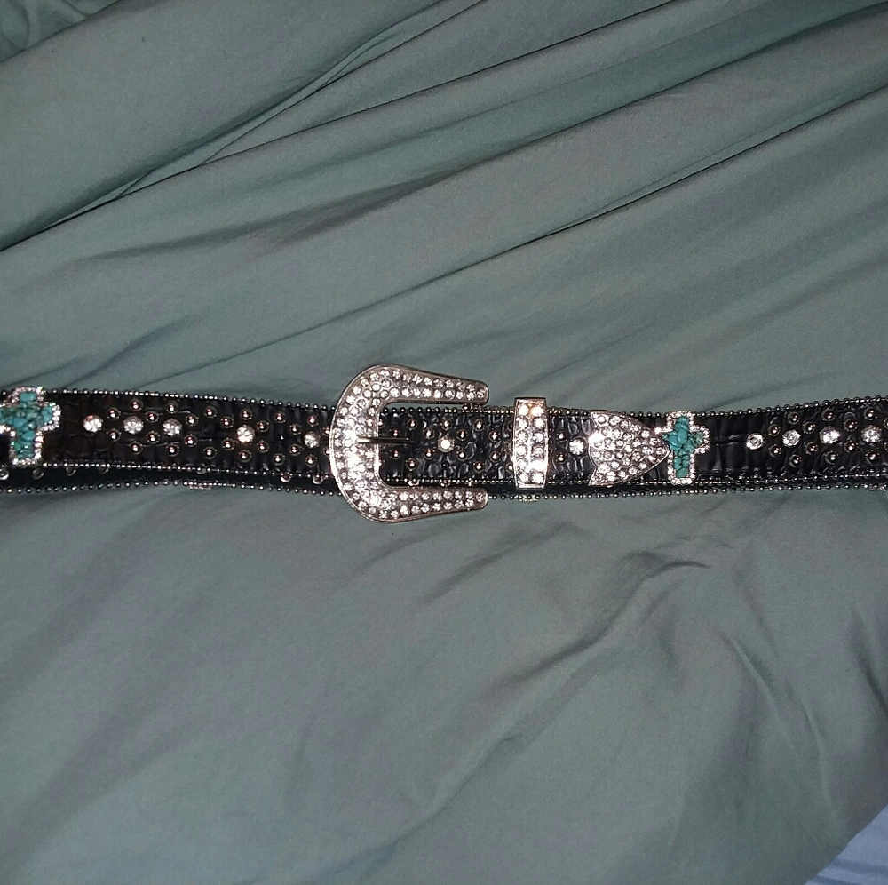 Leather turquoise cross bling belt